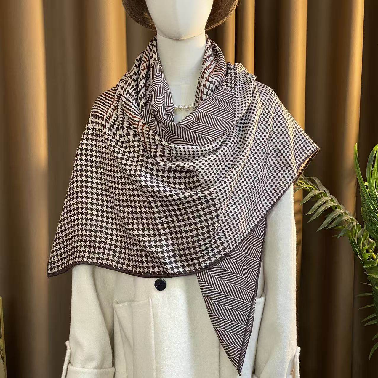 桑蚕丝羊毛【咖啡千鸟格】130丝毛大方巾单面秋冬围巾披肩N730