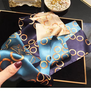 女G515 145x16cm长飘带双层真丝丝巾时尚 100%桑蚕丝 蓝色圆圈