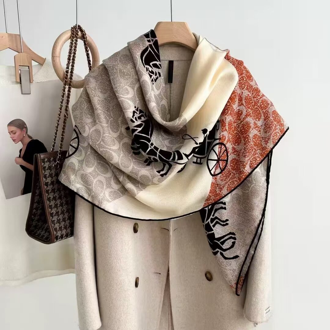 桑蚕丝羊毛【马车字母橘】130丝毛方巾双面时尚女士丝巾N708