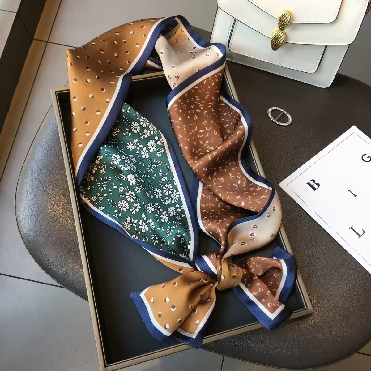 100%桑蚕丝【碎花焦糖绿】145x16cm长飘带双层真丝丝巾女G521