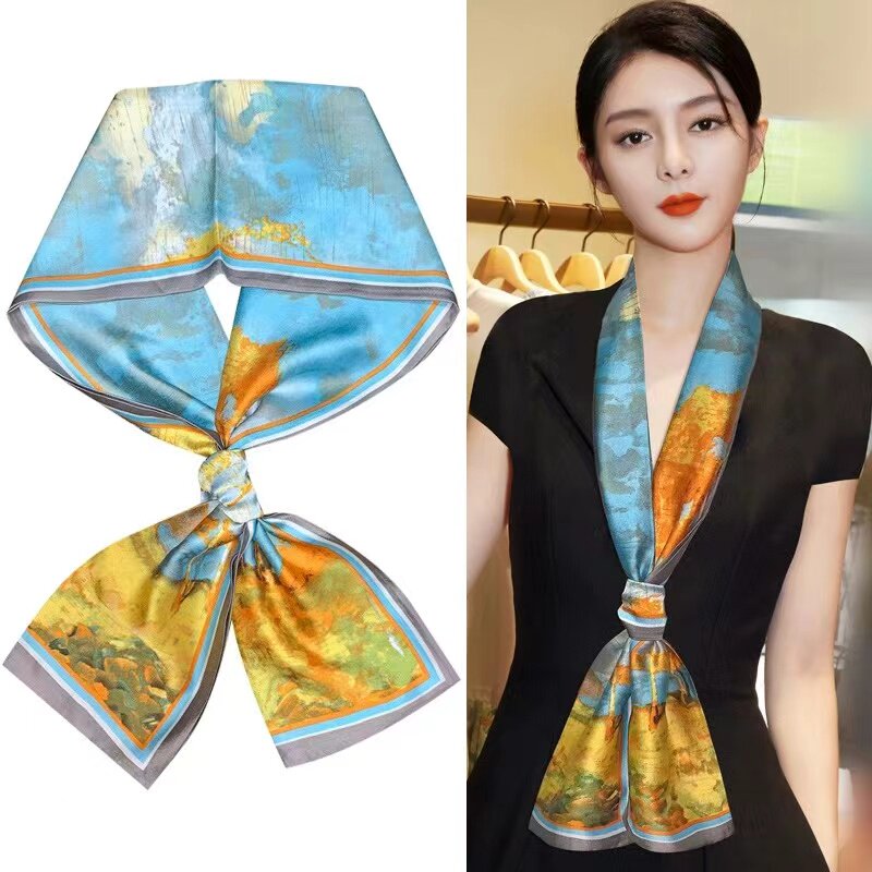 100%桑蚕丝【白桦林】145x16cm长飘带双层真丝丝巾时尚女G516