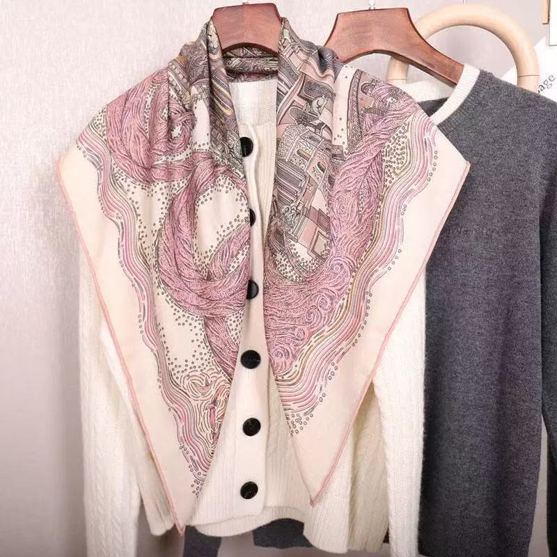 桑蚕丝羊毛【巴别塔】86丝毛方巾双面同色手工卷边丝巾Q716