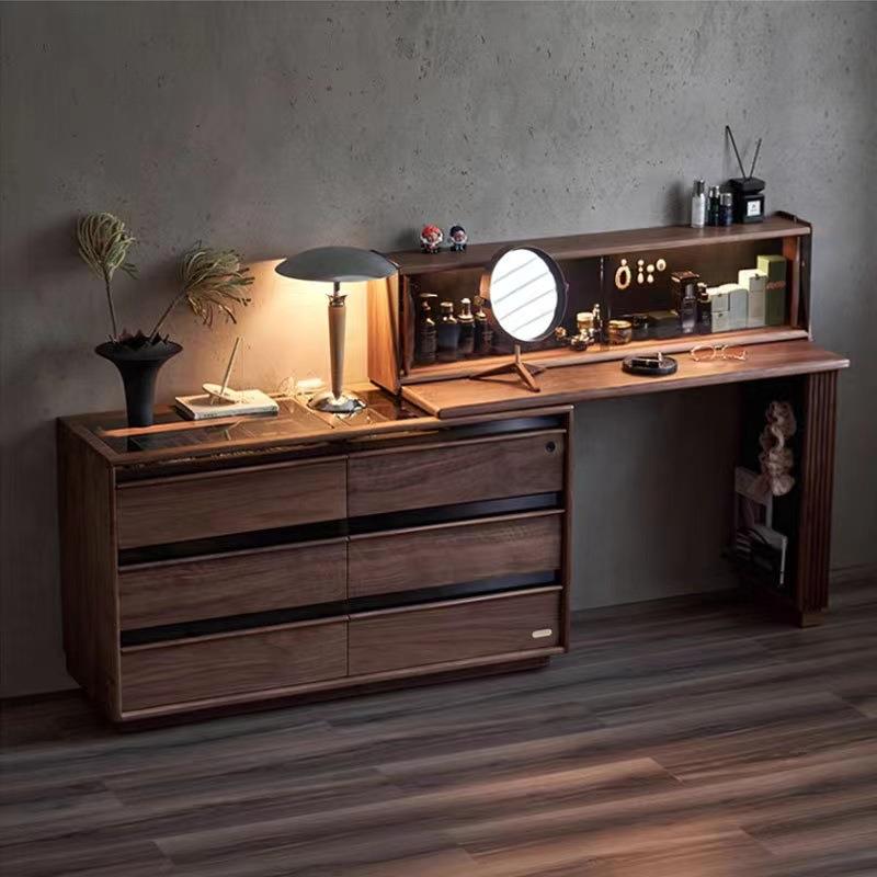 实木黑胡桃木斗柜梳妆台一体柜化妆桌卧室床尾柜可伸缩转角收纳柜