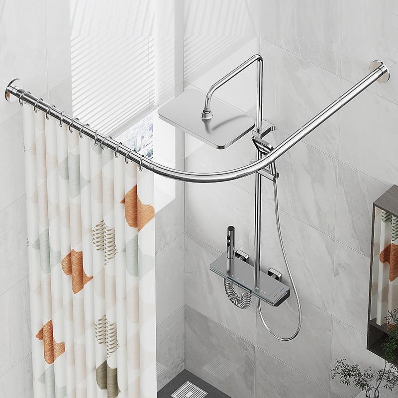 免打孔伸缩浴帘杆弧形L形U型弯轨浴室卫生间洗澡淋浴杆不锈钢