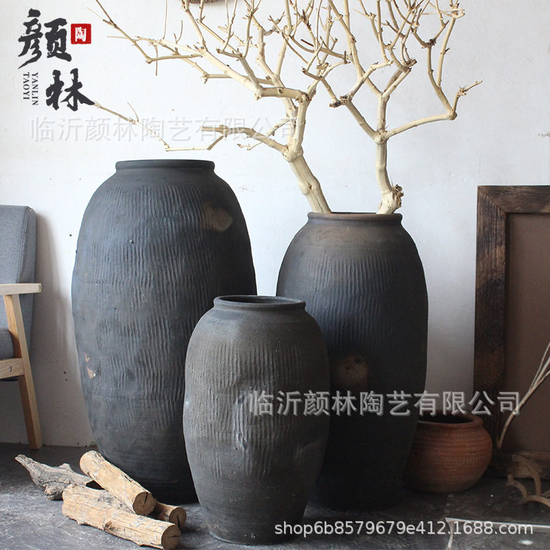 落地翁瓶黑灰色新派设计复古陶罐花盆粗陶瘦高花瓶陶罐INS自然风