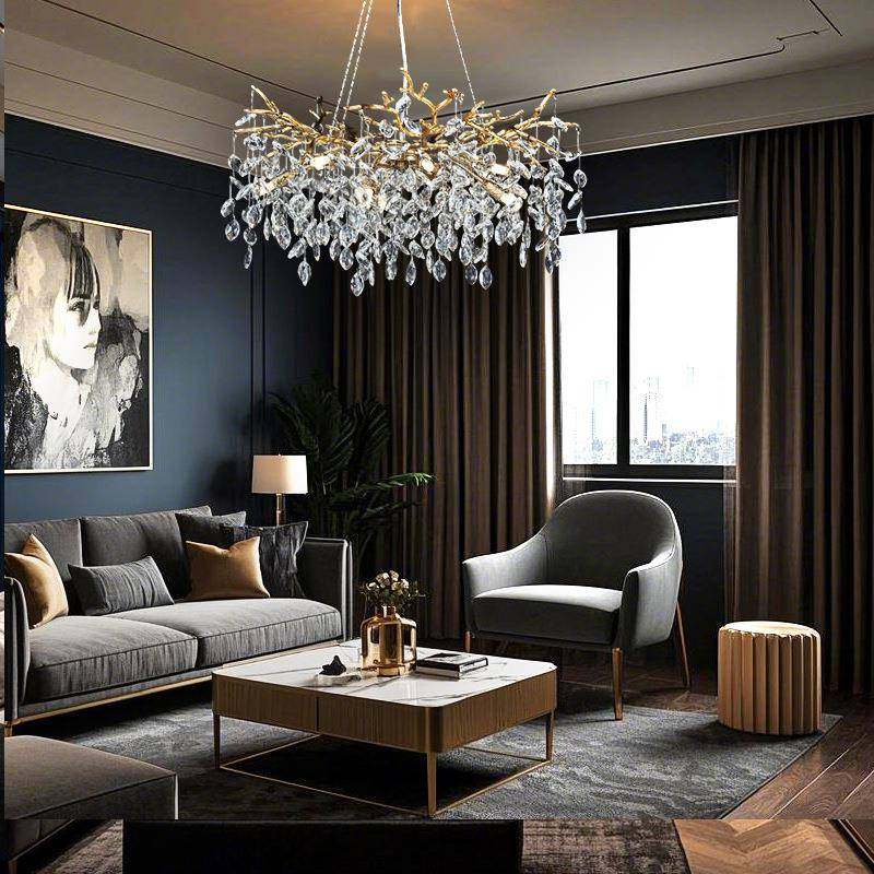 全铜轻奢水晶花朵吊灯客厅餐厅卧室手工艺术装饰金色树枝造型灯具