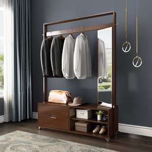 实木衣帽架卧室带柜子加粗加厚挂衣架带镜子一体收纳镜柜旋转