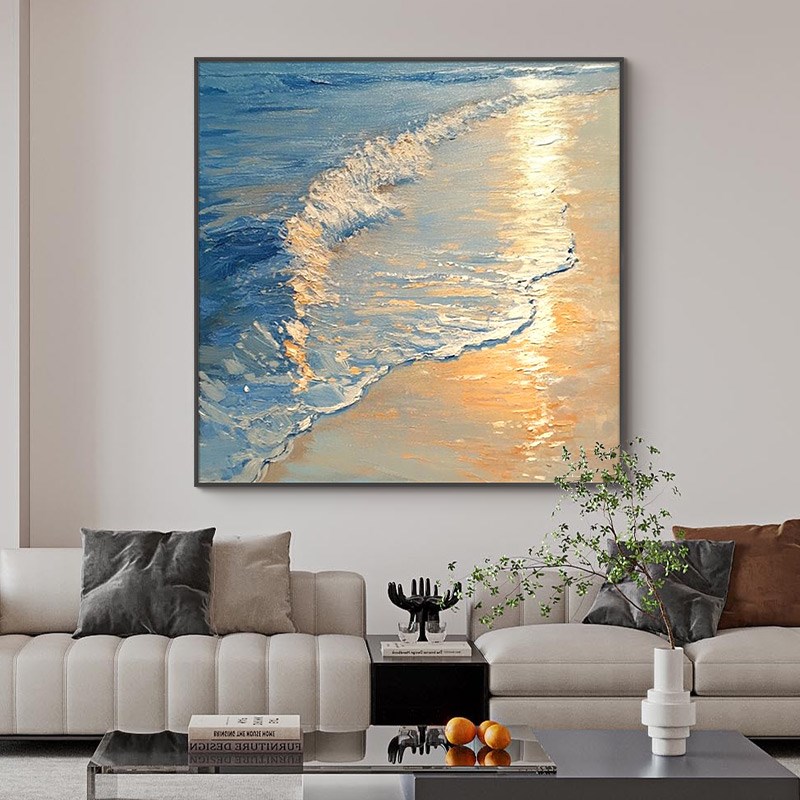 手绘油画现代餐厅装饰画奶油风客厅挂画日出海景电表箱画玄关画图片