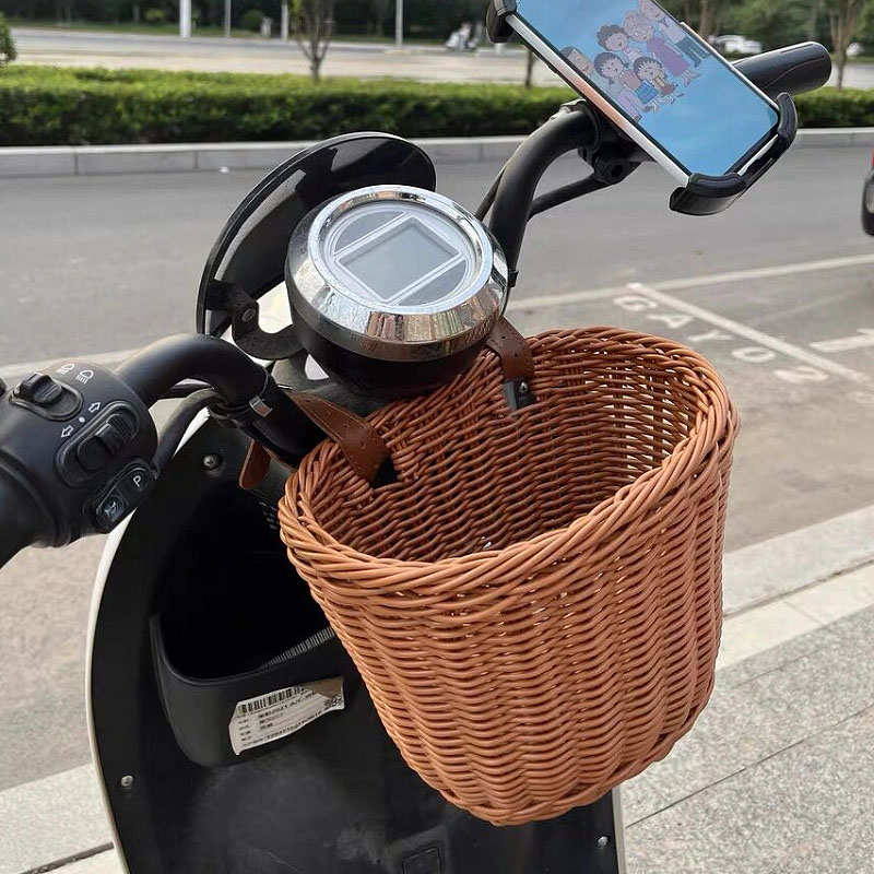 电动车竹编挂篮儿童自行车前车筐三轮滑板车复古编织车篮子收纳框