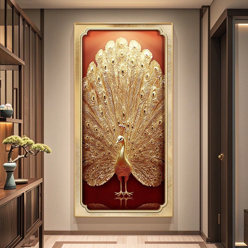 轻奢孔雀开屏玄关装饰画金箔色走廊过道挂画高级感立体入户门壁画图片