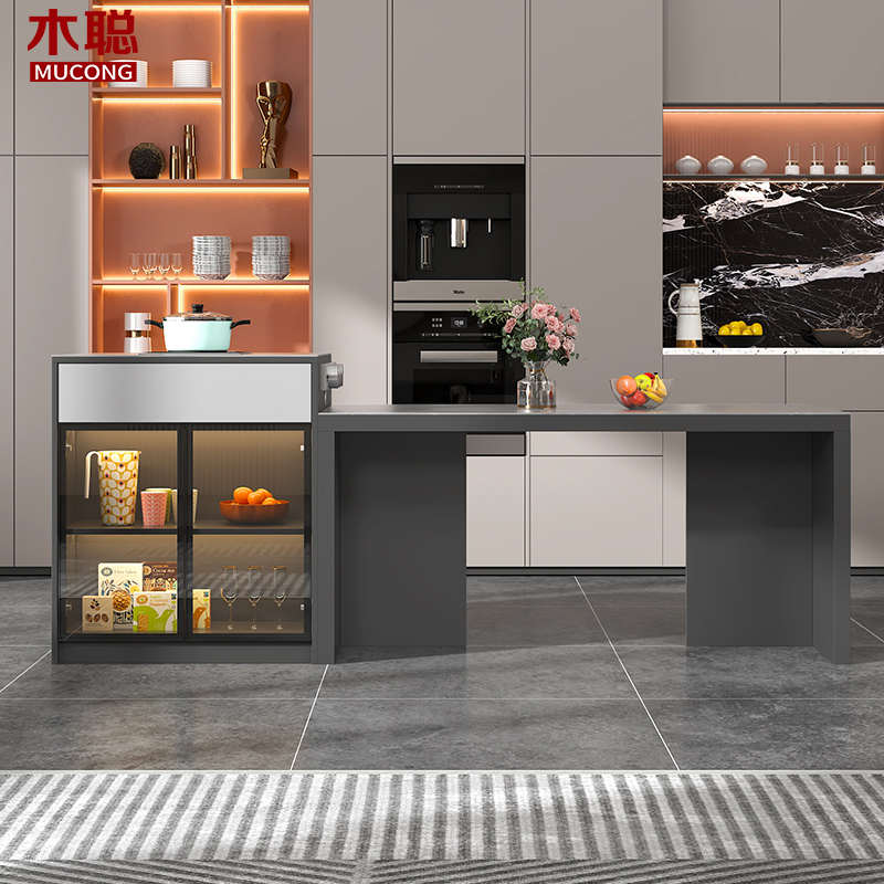 轻奢岩板岛台餐桌一体家用开放式厨房中岛台隔断吧台柜茶水柜E32
