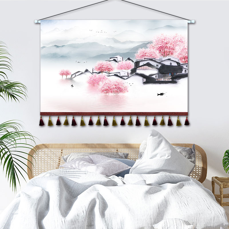 中式水墨山水挂画布艺卧室床头装饰画沙发背景墙挂毯茶室挂布定制图片