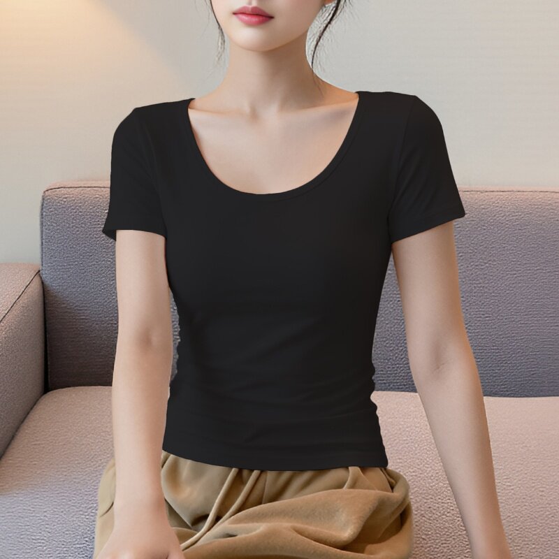 黑色t恤女短袖双U领露背修身棉2026春夏季新款百搭显瘦性感上衣服