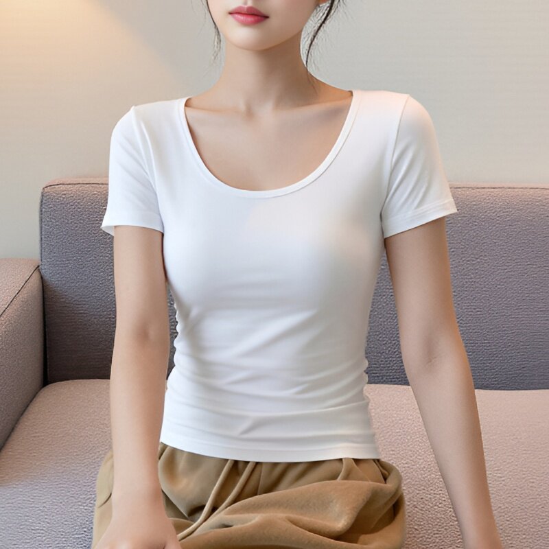 黑色t恤女短袖双U领露背修身棉2026春夏季新款百搭显瘦性感上衣服