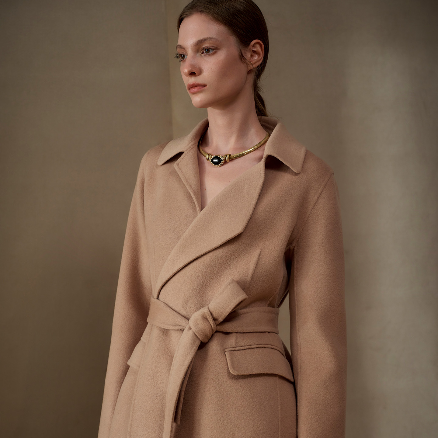 疏时 手工双面尼系带短款真丝羊毛大衣