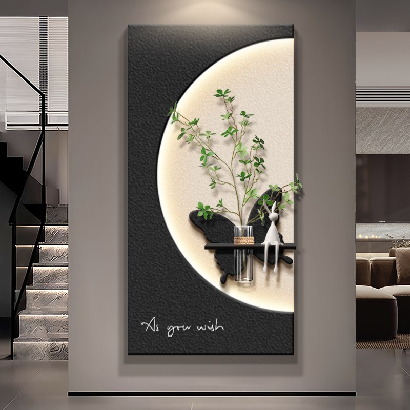 黑白抽象蝴蝶玄关装饰画轻奢高级感入户正对门挂画走廊尽头壁画灯图片