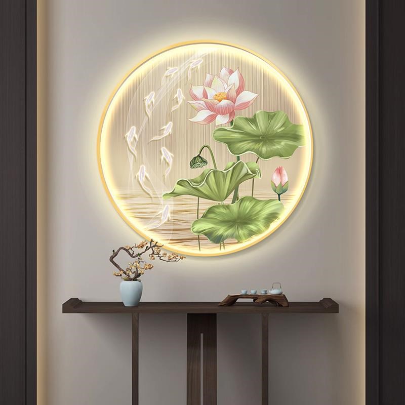 荷花九鱼图入户玄关装饰画走廊过道发光灯画背景餐厅墙壁圆形挂画