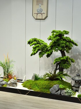 新中式室内造景茶室玄关形象墙装饰布置仿真绿植罗汉竹迎客松景观