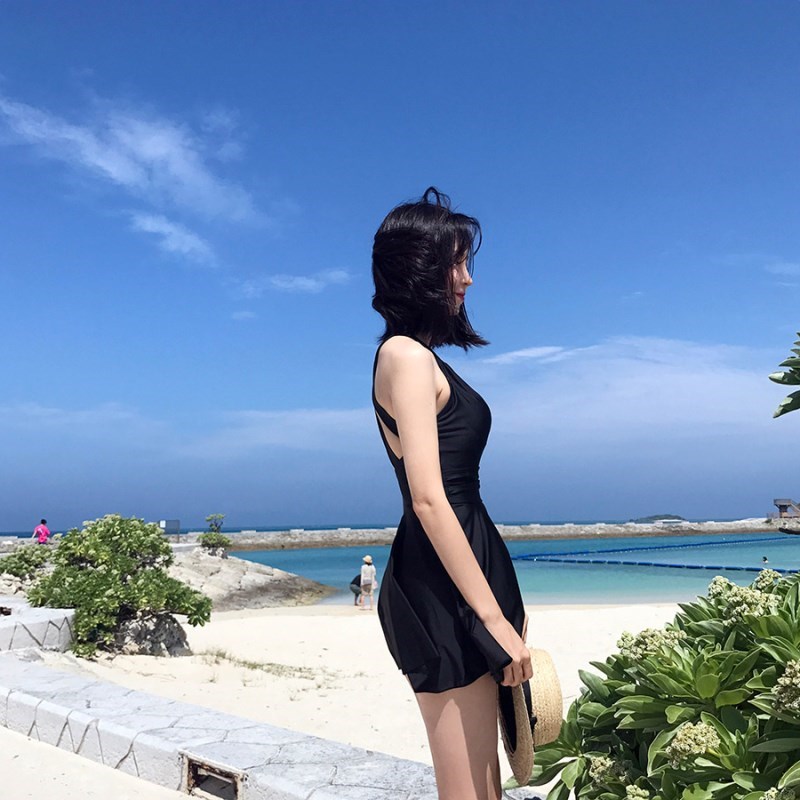 SOPHIE性感黑色连体裙式泳衣女保守学生少女度假遮肚显瘦度假泳装