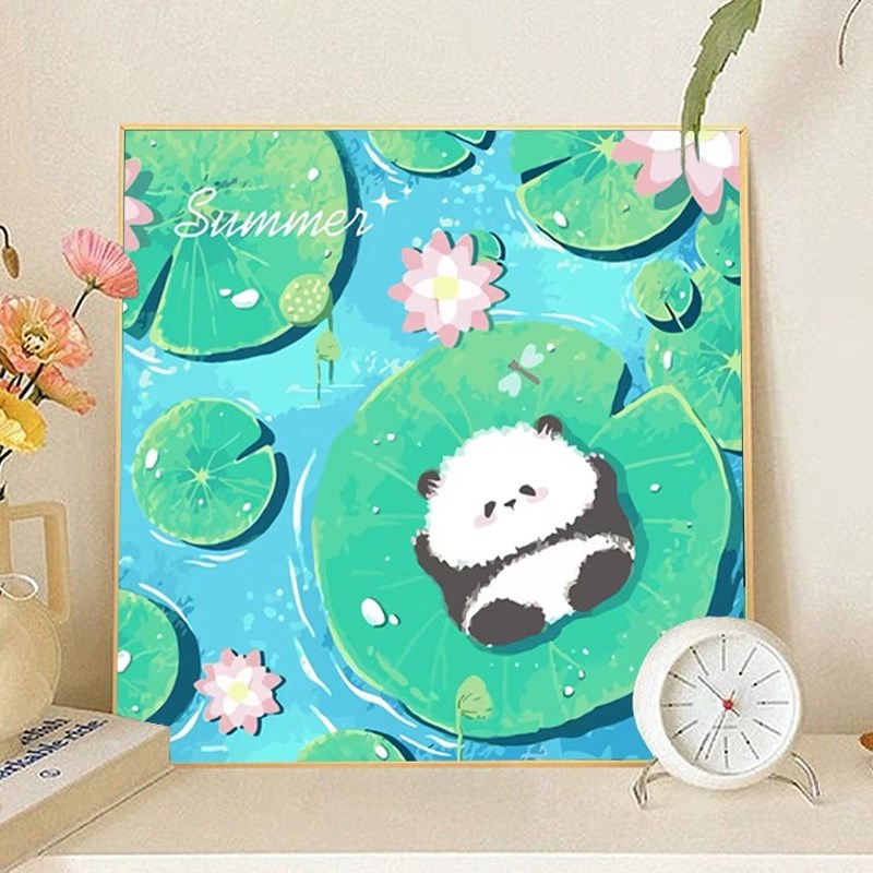 熊猫新款十字绣客厅装饰画荷花风景画满绣刺绣手工自己绣卡通挂画图片