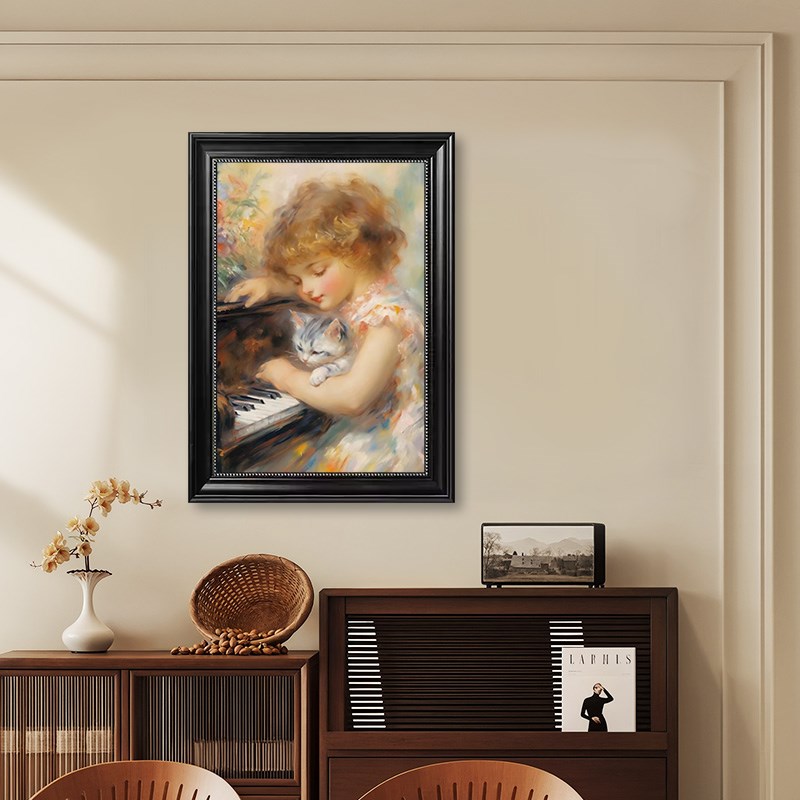 钢琴演奏女孩装饰画复古美式客厅卧室壁画可爱猫咪琴房书房挂画图片