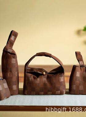 知舍手工香云纱编织格纹旅行包中式复古风壶袋保温杯袋夹棉防震