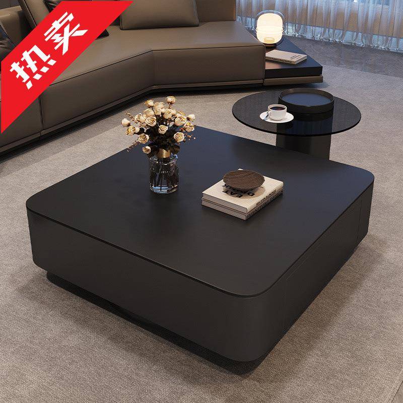 ir意式轻奢方形岩板茶几小户型高级感家用客厅茶台黑色极简玻璃