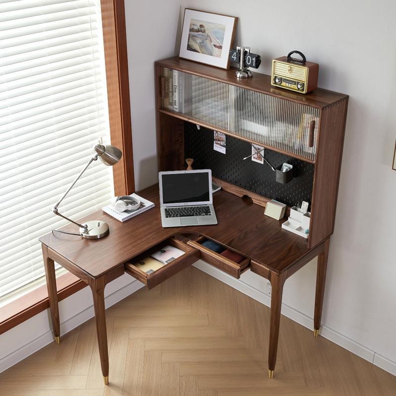 北美黑胡桃木转角书桌书架简约实木l型拐角电脑学习办公书桌组合