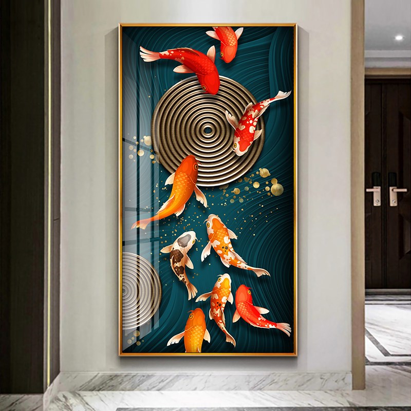 玄关装饰画九鱼图挂画客厅新中式轻奢竖版走廊过道壁画晶瓷画墙画图片