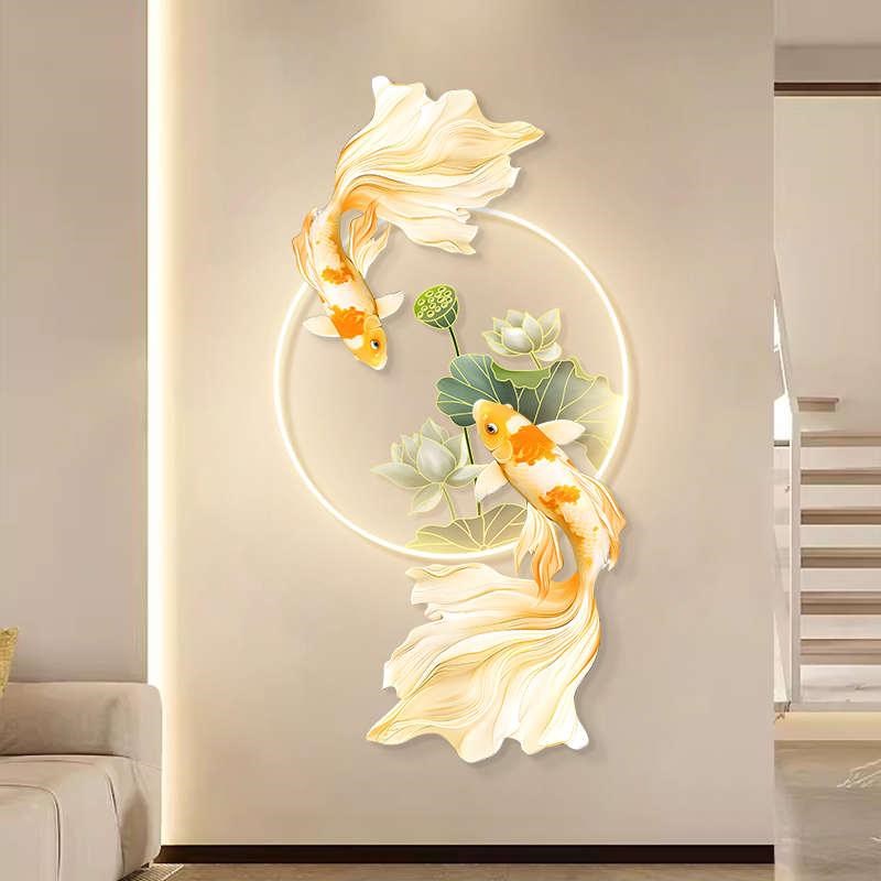 新中式荷花锦鲤入玄关装饰画个性客厅挂画走廊过道餐厅氛围灯壁画图片