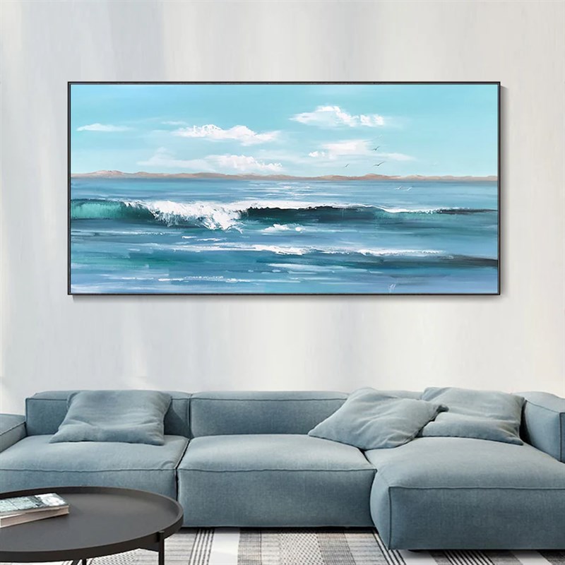 大芬村手绘油画现代简约大海风景客厅装饰画横版沙发背景别墅挂画图片