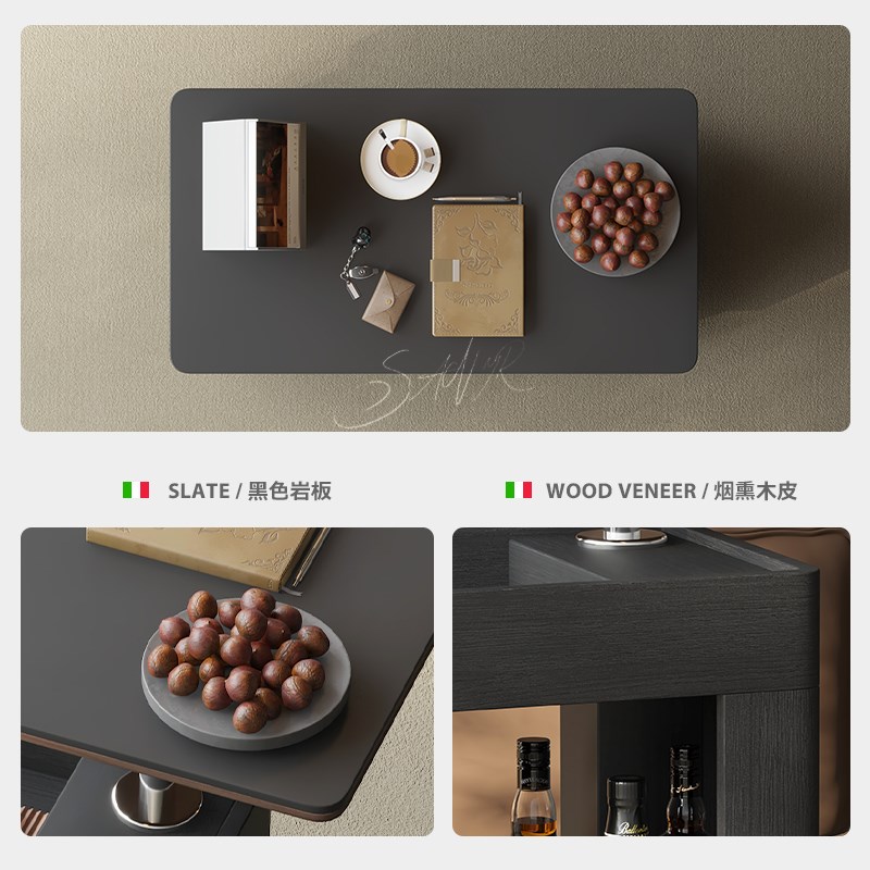 意式中古风升降茶几小户型客厅家用沙发边柜可移动复古推车置物架