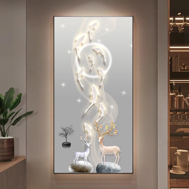 九鱼图入户玄关装饰画LED发光灯壁画现代轻奢走廊过道正对门挂画图片