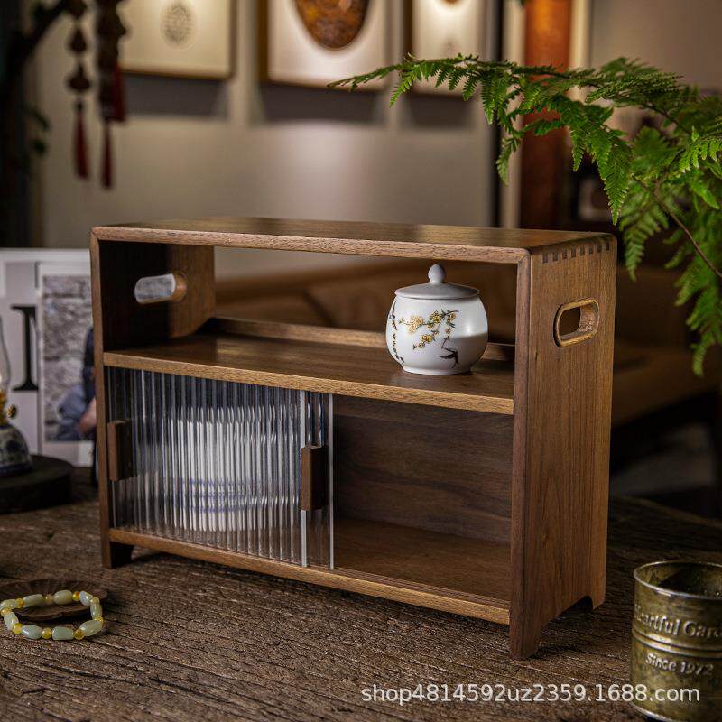 黑胡桃实木茶具杯子收纳柜中式防尘桌面收纳盒高级感置物架展示柜