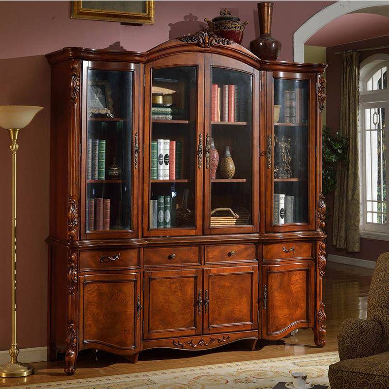 美式实木书柜四门复古大书柜欧式大容量书房客厅储物置物架书橱