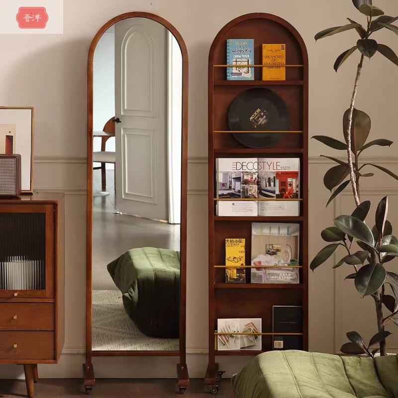 实木全身镜子杂志书架落地穿衣一体隔断中古可移动收纳储物柜镜子