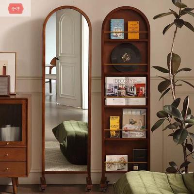 实木全身镜子杂志书架落地穿衣一体隔断中古可移动收纳储物柜镜子