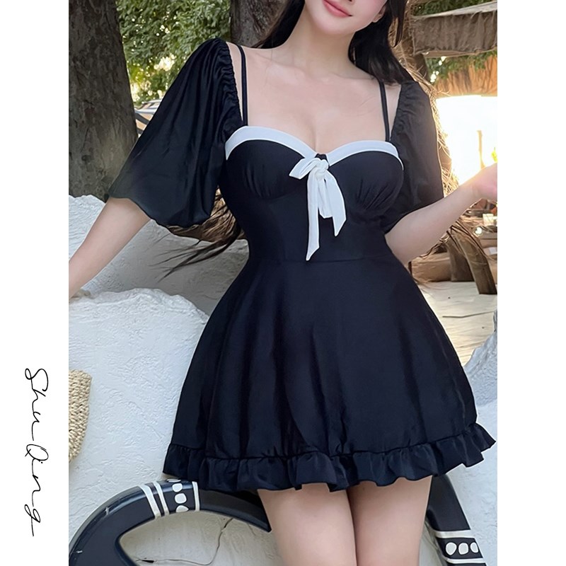 舒晴微胖女2025新性感黑色钢托聚拢遮肚显瘦胖MM海边度假泳衣大码