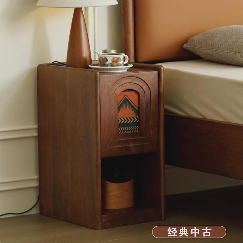 中古实木窄款床头柜轻奢风卧室小型收纳柜法式复古超薄迷你床边柜