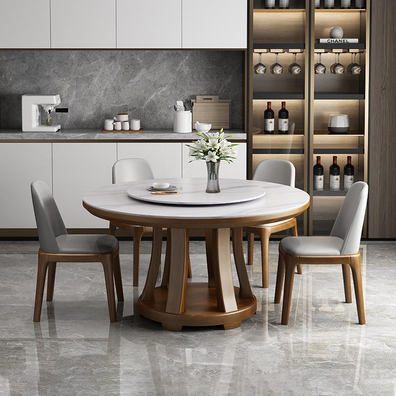 实木高端岩板餐桌椅组合现代简约小户型家用饭桌圆形带转盘大圆桌