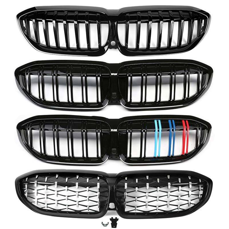 适用宝马新3系G20G28改装流星雨中网单双线亮黑三色格栅中网