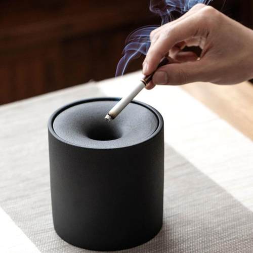 黑陶烟灰缸防飞带盖创意个性潮流多功能家用客厅办公陶瓷花插LOGO