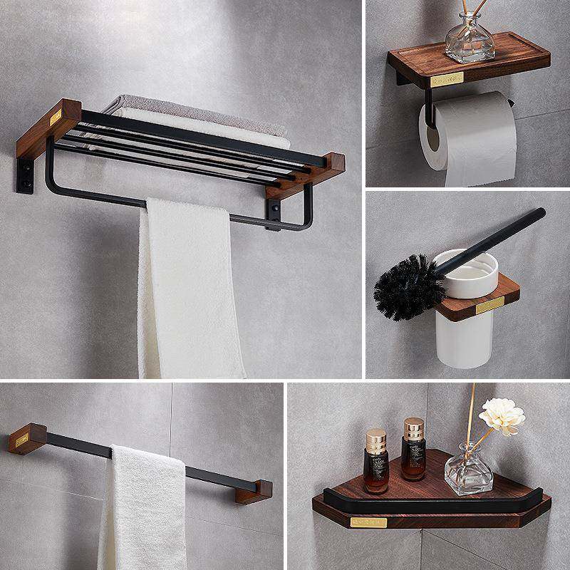 黑胡桃实木浴巾架黑色浴室毛巾架套装置物架毛巾杆厕纸架免打孔