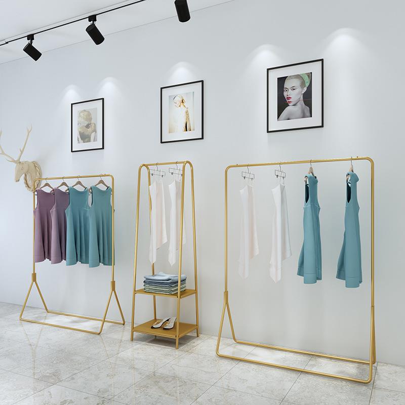 新款铁艺服装店展示架挂衣架子落地式金色童装架女装店货架中岛架