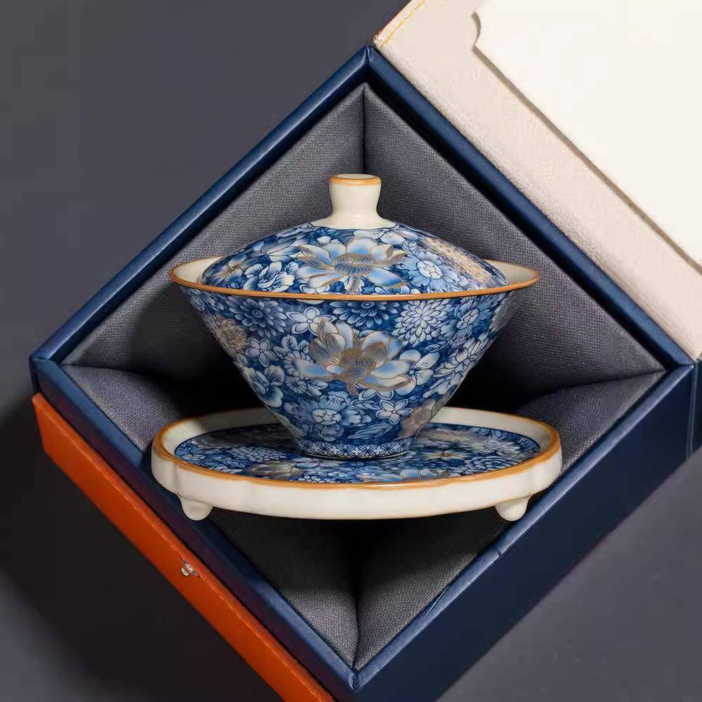 陶瓷汝窑金万花斗笠三才盖碗茶杯家用高档泡茶碗大号不烫手茶具