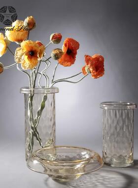 钻石星现代软装蓝色琥珀色直筒圆口养富贵竹玻璃花瓶摆件