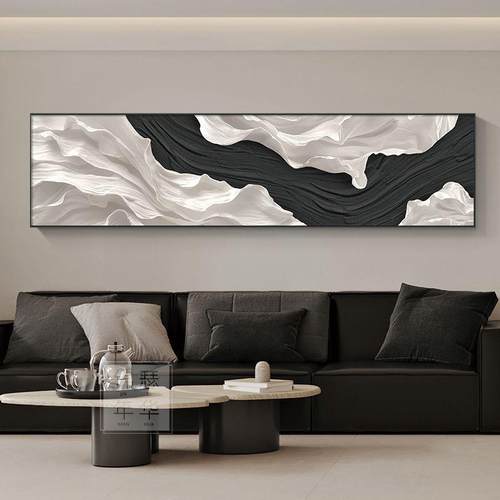 现代简约卧室装饰画极简黑白主卧床头挂画高级感抽象客厅横版壁画