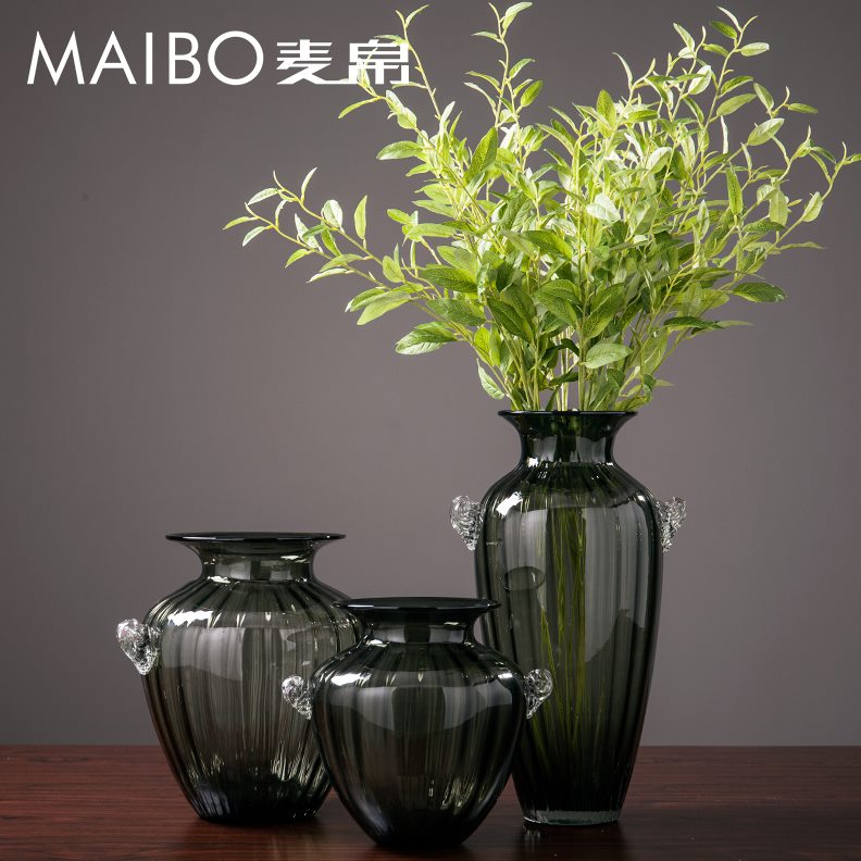 桌面水培黑色酒店大号客厅落地透明麦玻璃花瓶花器灰现代简约帛