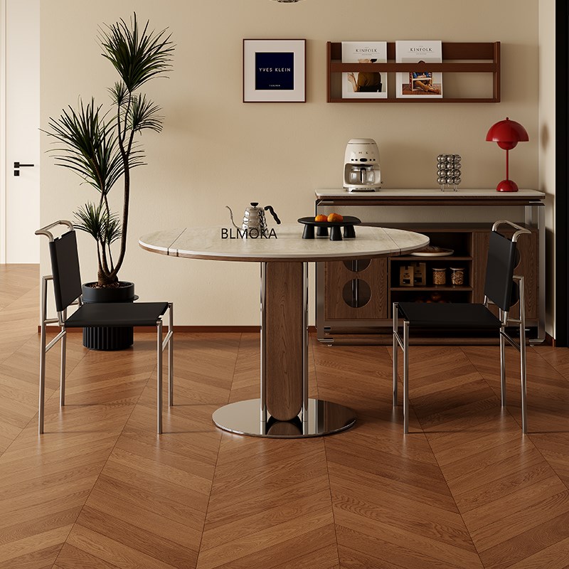 正方形折叠德利丰岩板餐桌中古风方圆两用实木伸缩圆形包豪斯饭桌