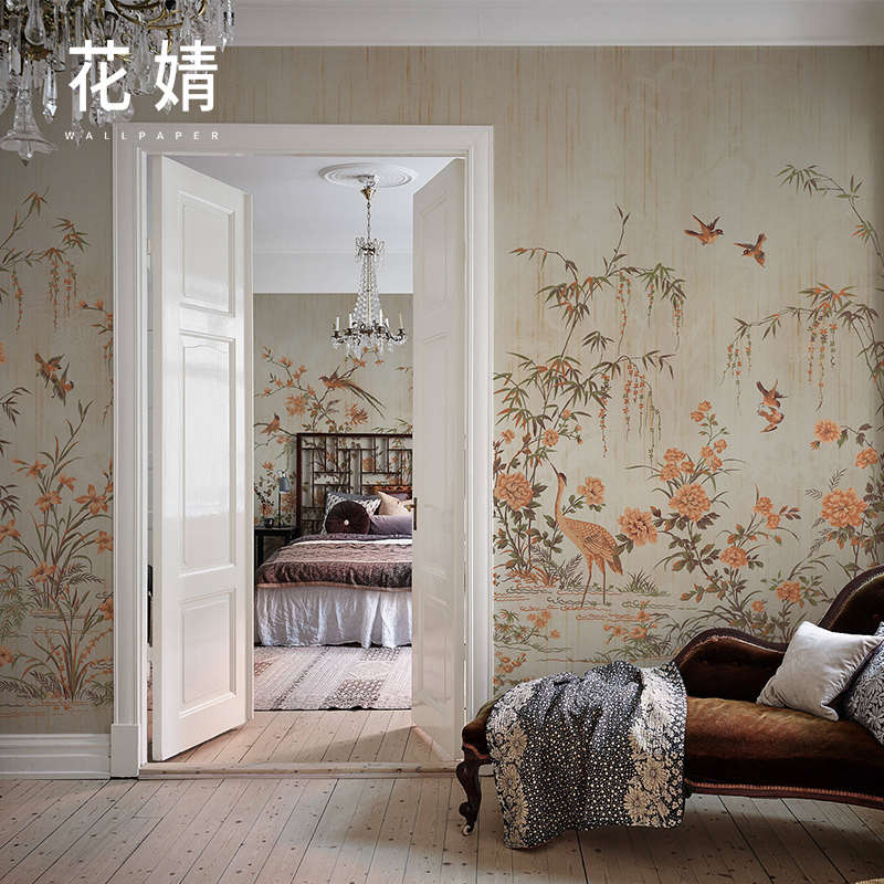 新中式花鸟墙纸客厅电视背景墙壁纸沙发卧室墙布定制壁画民宿壁布